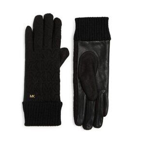 Michael Kors Logo Womens Black Quilted Knit Leather Trim Gloves Sz M New